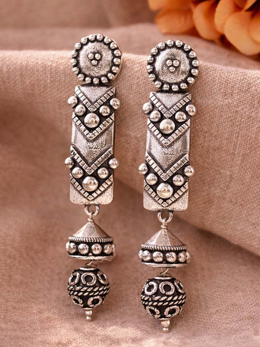 Rava Ball Long Silver Oxidized Earrings