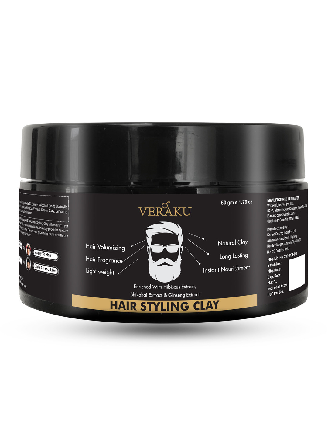 VERAKU Hair Styling Clay With Hibiscus, Shikakai & Ginseng Extract - 50 g