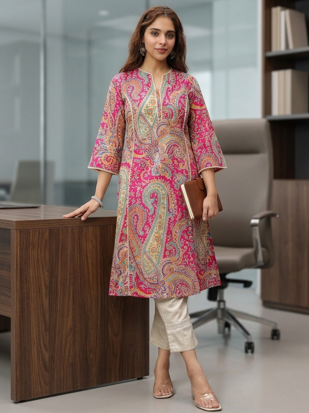 Rain & Rainbow Women Ethnic Motifs Printed Flared Sleeves Mirror Work Kurta