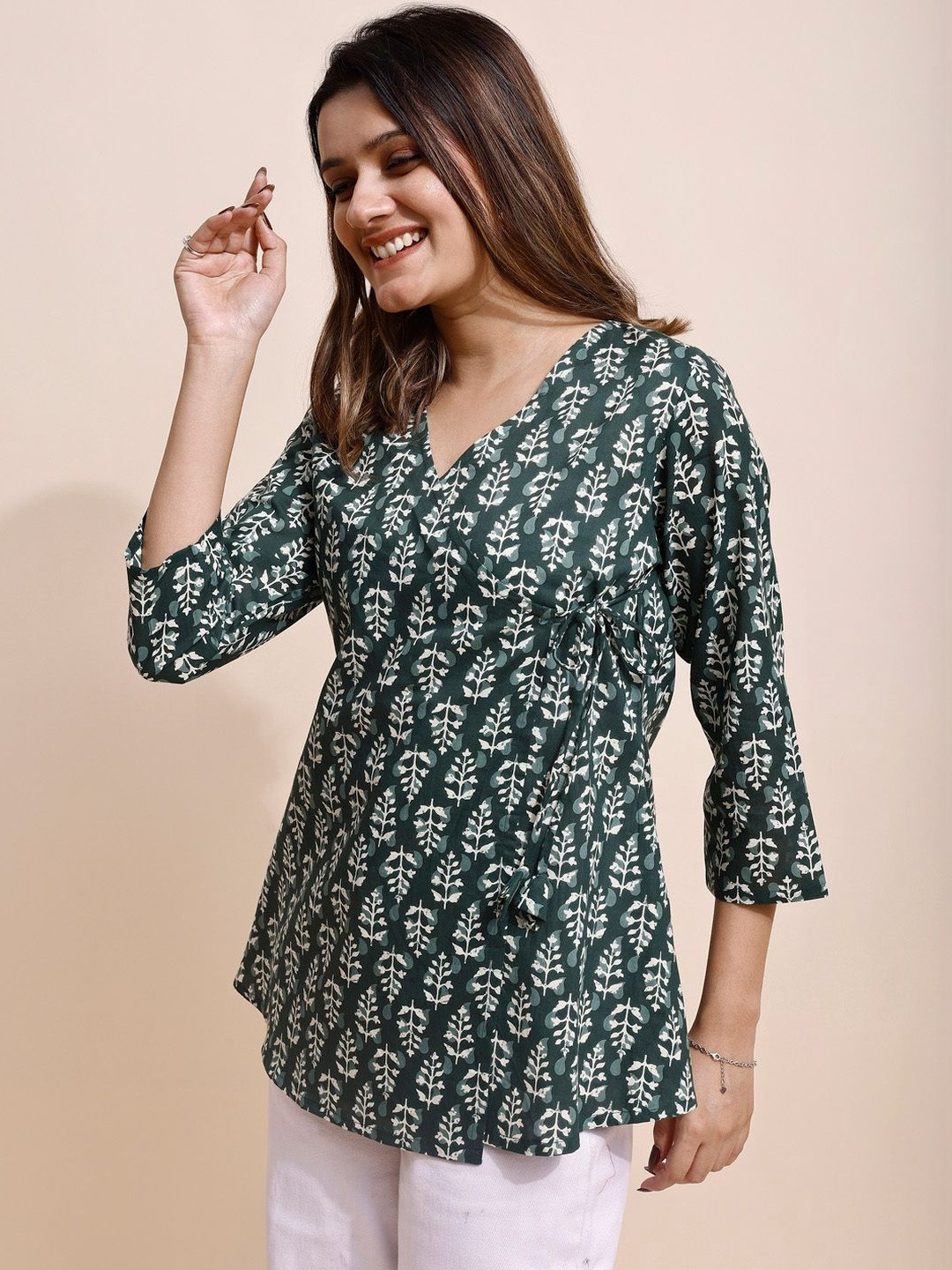 SAANWRI Botanical Printed V-Neck Pure Cotton Angrakha Kurti