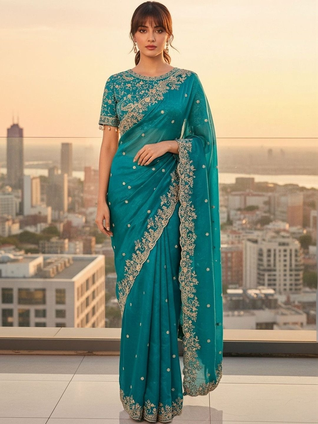 PEEYU Embellished Embroidered Satin Heavy Work Saree