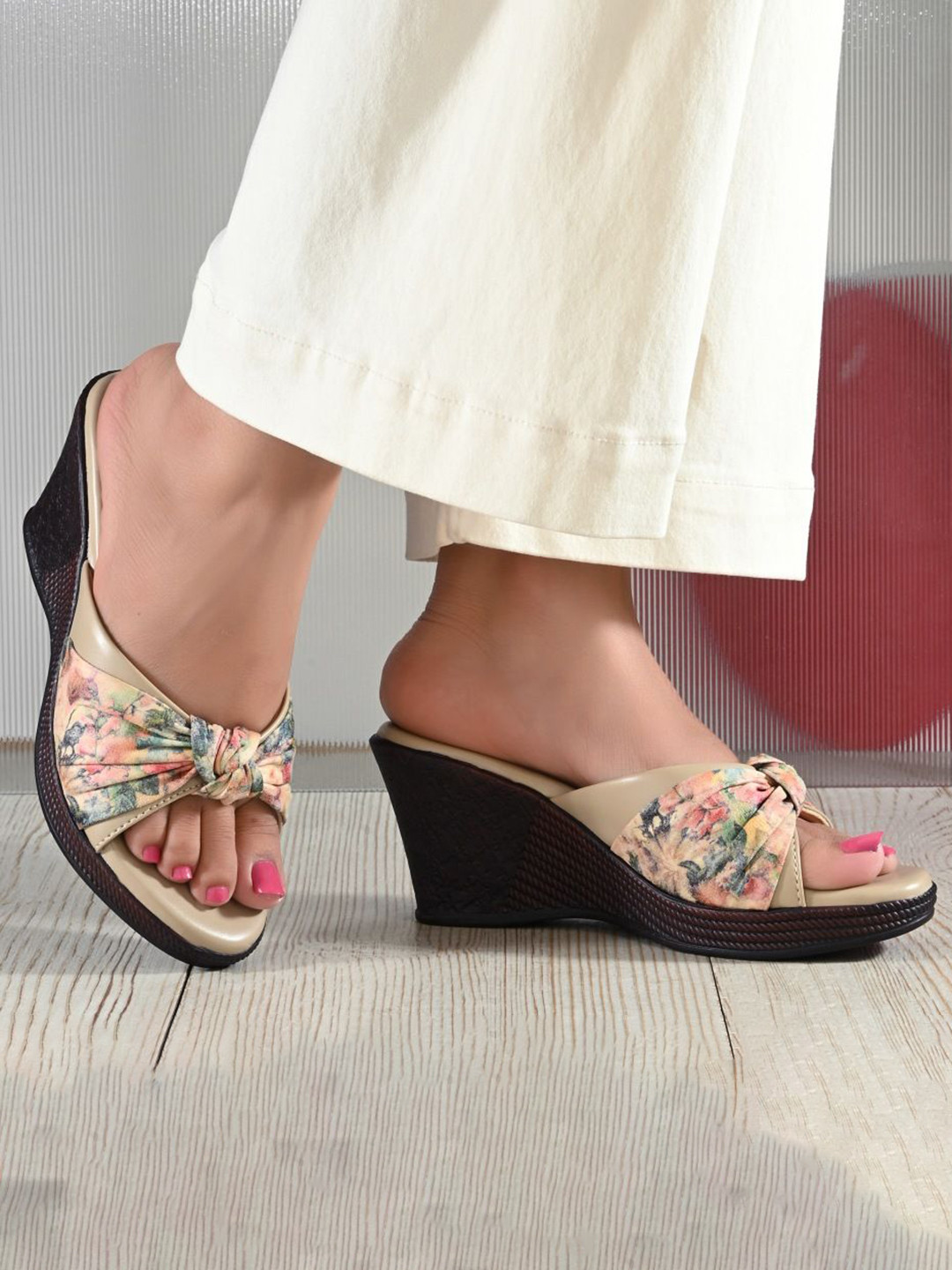 Ravis Women Cream Wedge Heels with Floral Knot Accent