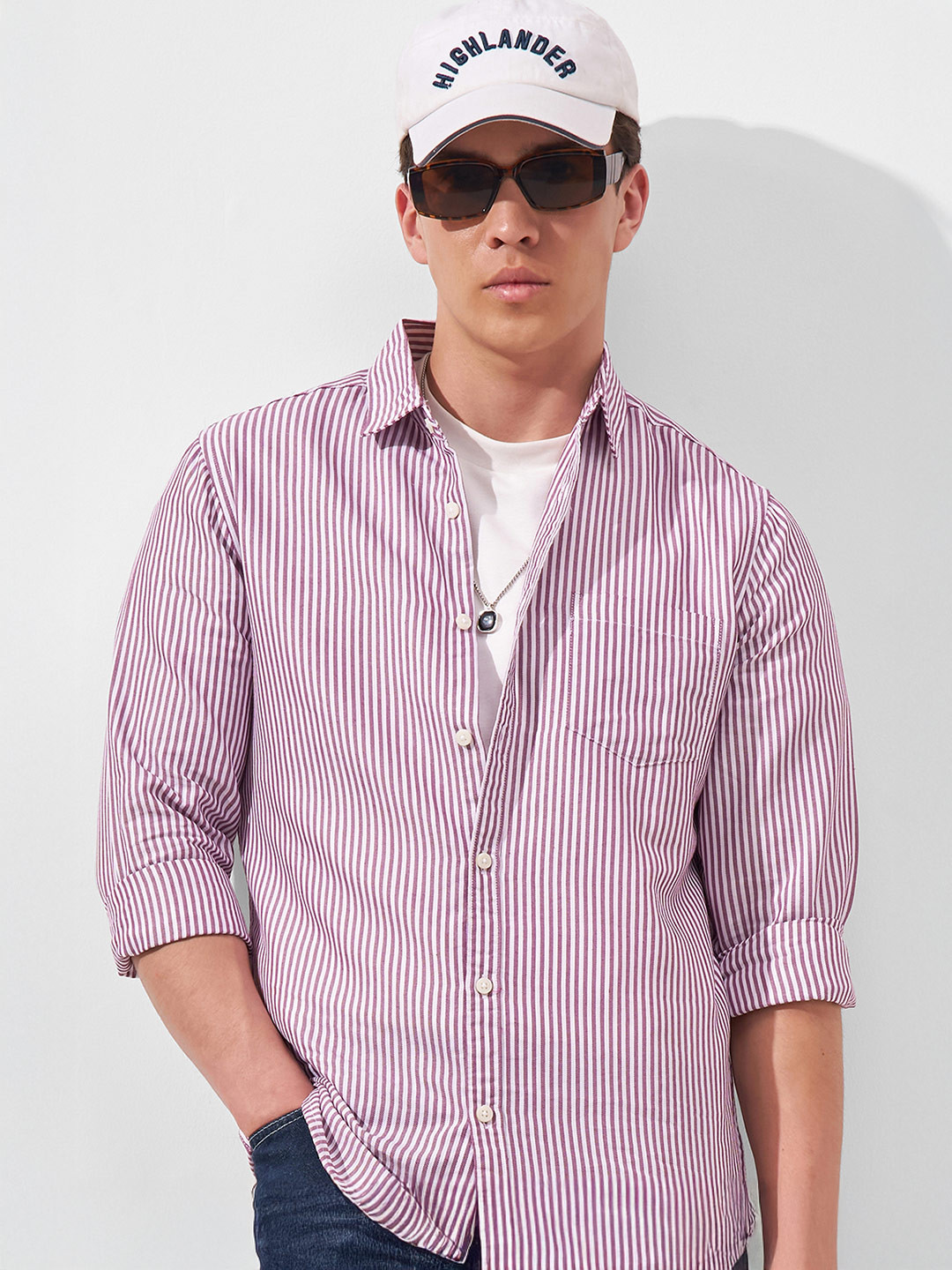 HIGHLANDER Lavender Slim Fit Vertical Striped Spread Collar Chest Pocket Casual Shirt