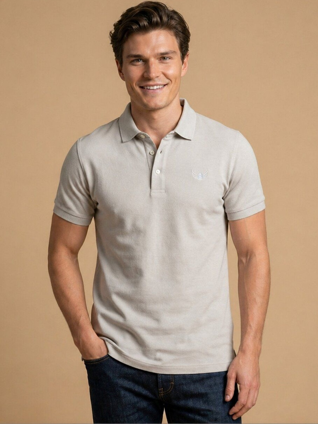 STRAY88 Men Brand Logo Embroidered Polo Collar Short Sleeves T-shirt