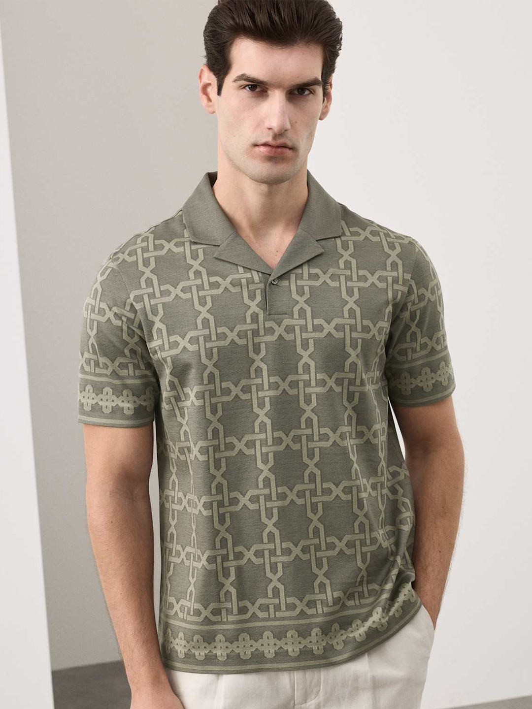 Marks & Spencer Men Pure Cotton AOP Geo Revere Jacquard Polo