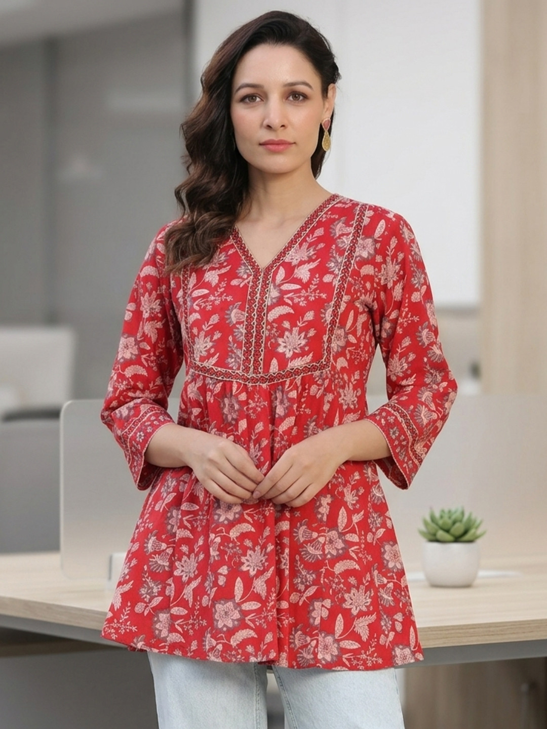Rain & Rainbow White Floral Printed V-Neck Cotton Empire Top