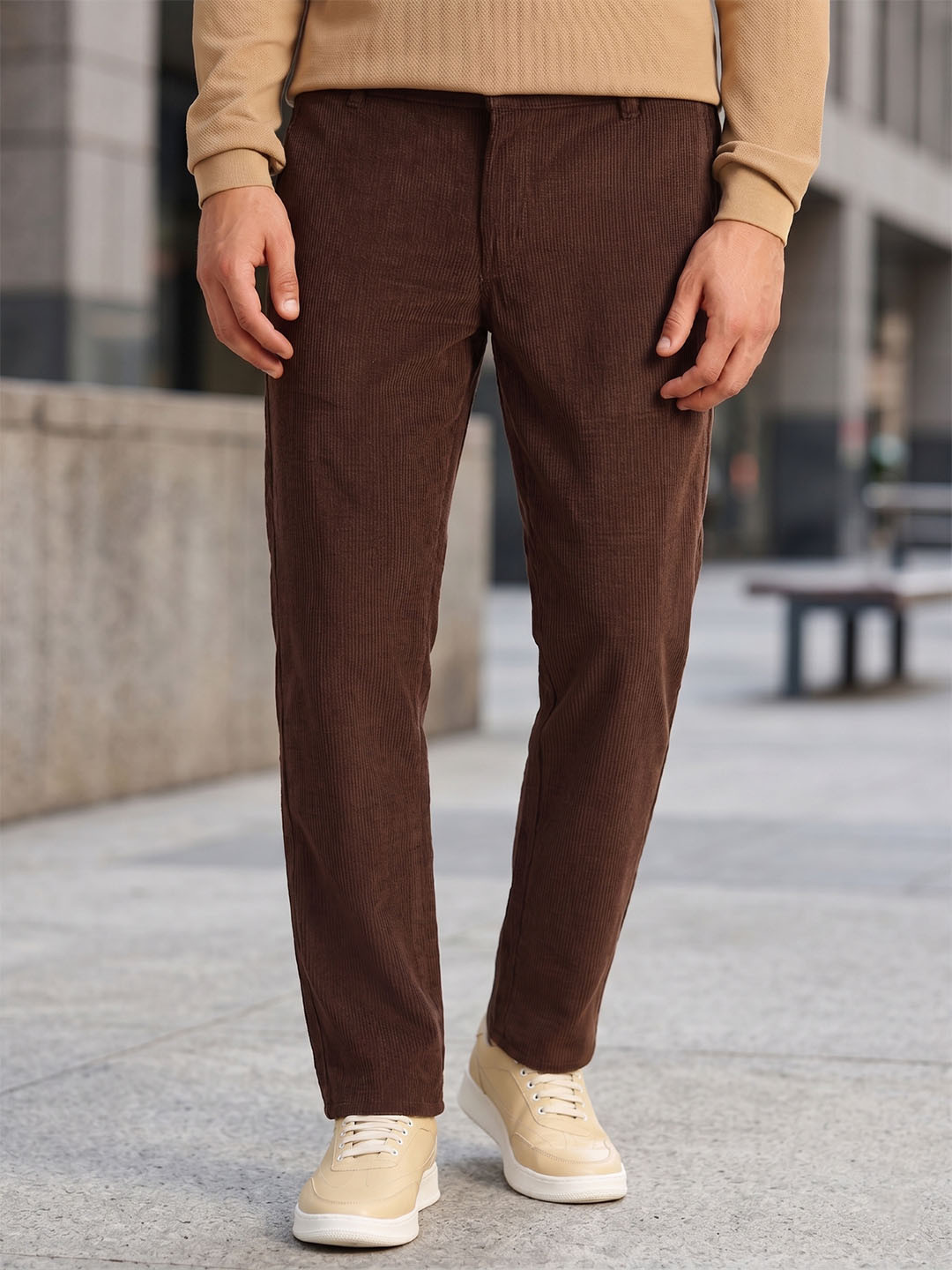 Thomas Scott Men Smart Regular Fit Mid-Rise Textured Corduroy Trouser
