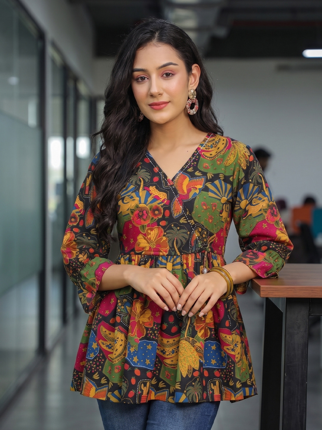 Rain & Rainbow Black Floral Printed Bell Sleeve Cotton Empire Top