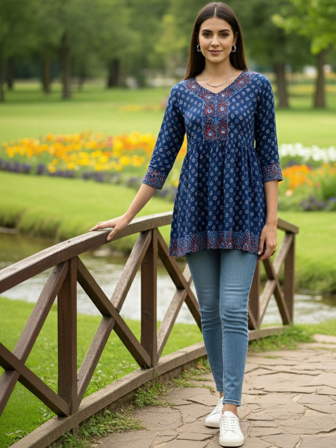 Aaradhya Fashion Ethnic Motifs Printed V-Neck Pure Cotton Blend Empire Kurti