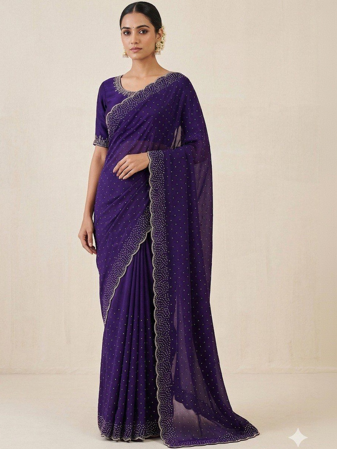 Gownwala Embellished Beads and Stones Pure Georgette Heavy Work Chanderi Saree