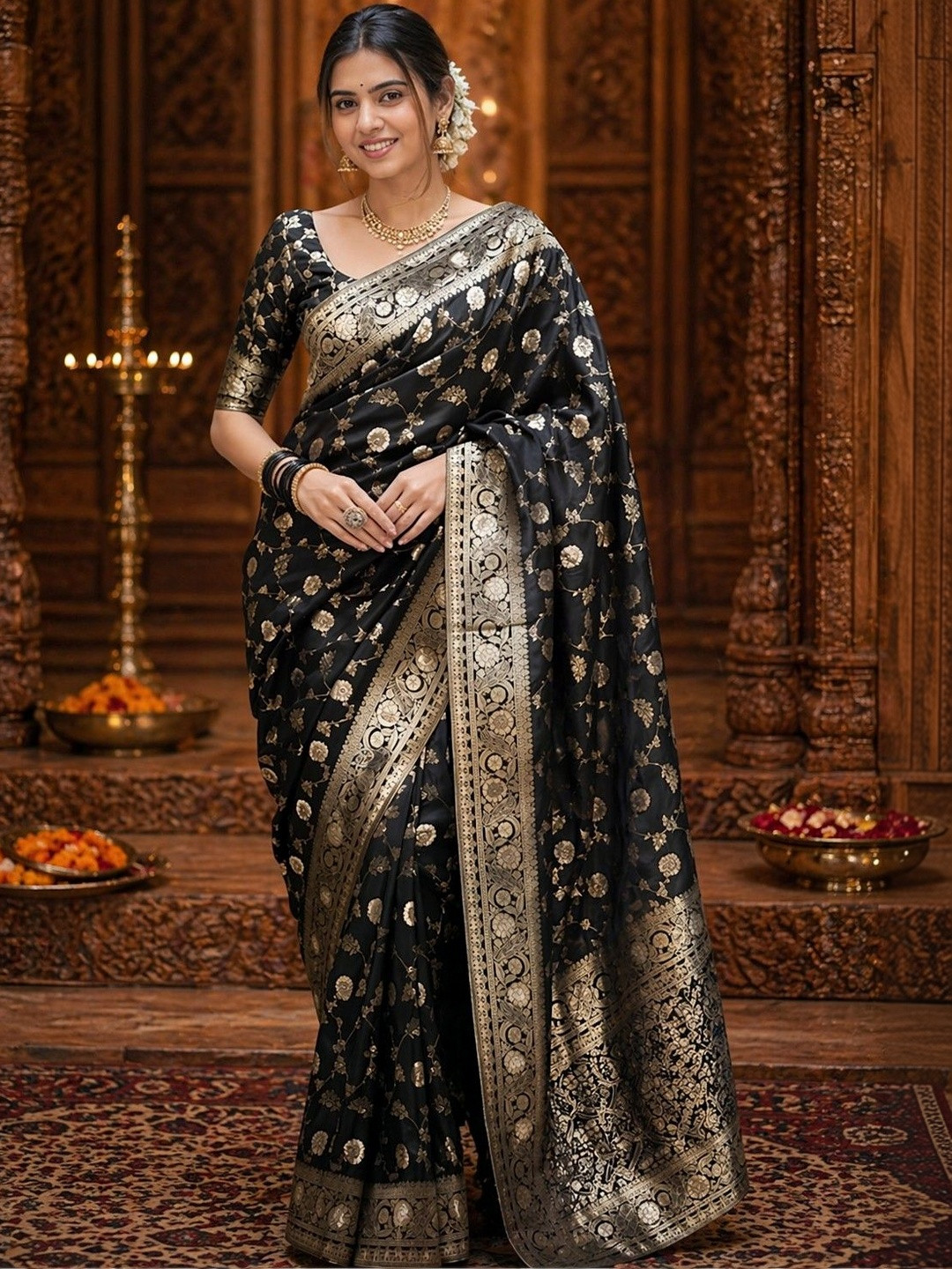ANIRAV Ethnic Motifs Zari Silk Blend Heavy Work Banarasi Saree