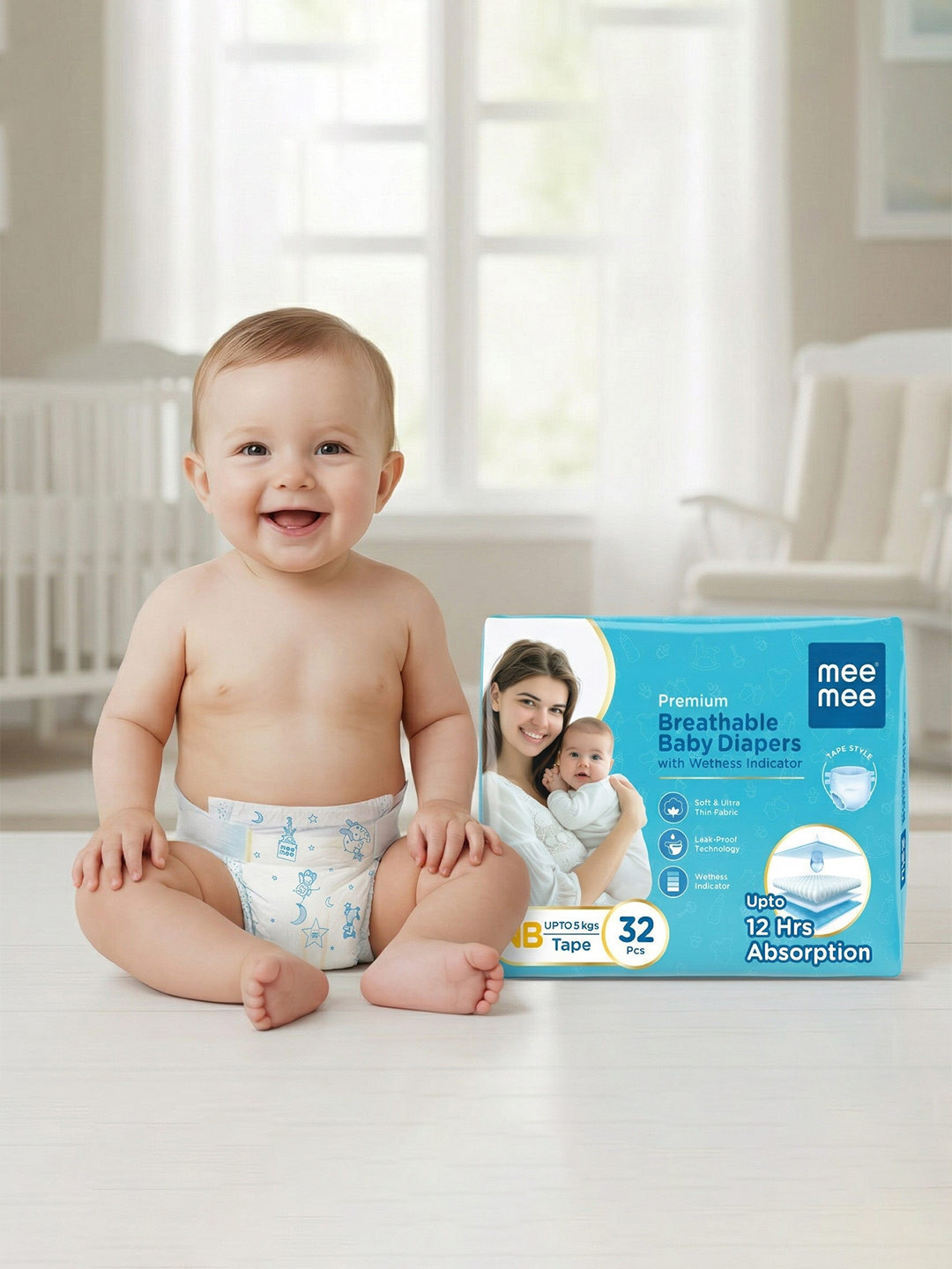 MeeMee Premium Baby Cotton Diaper Pants- NB - 32 Pcs