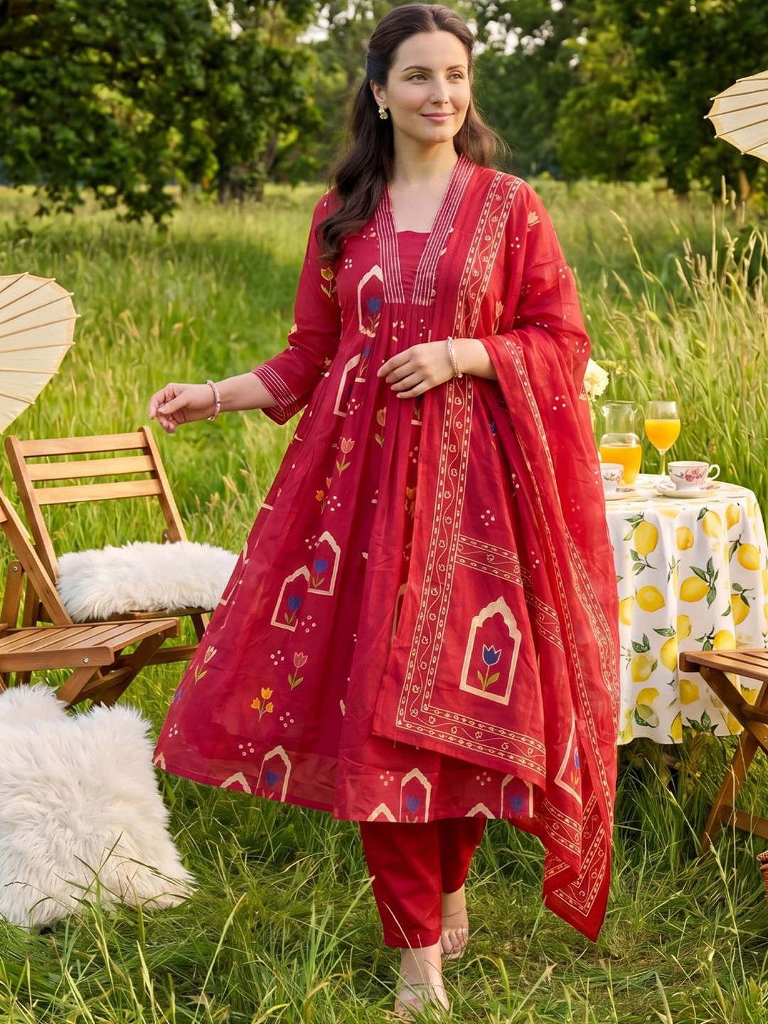 Indo Era Women Ethnic Motifs Printed Empire Pure Cotton Kurta with Trousers & With Dupatta