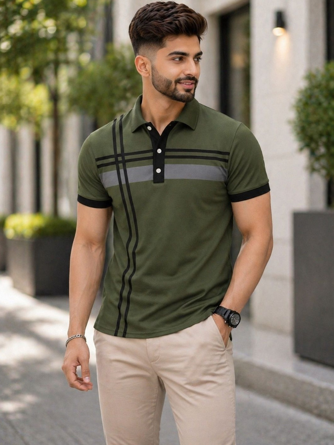 TAZO Men Striped Polo Collar T-shirt