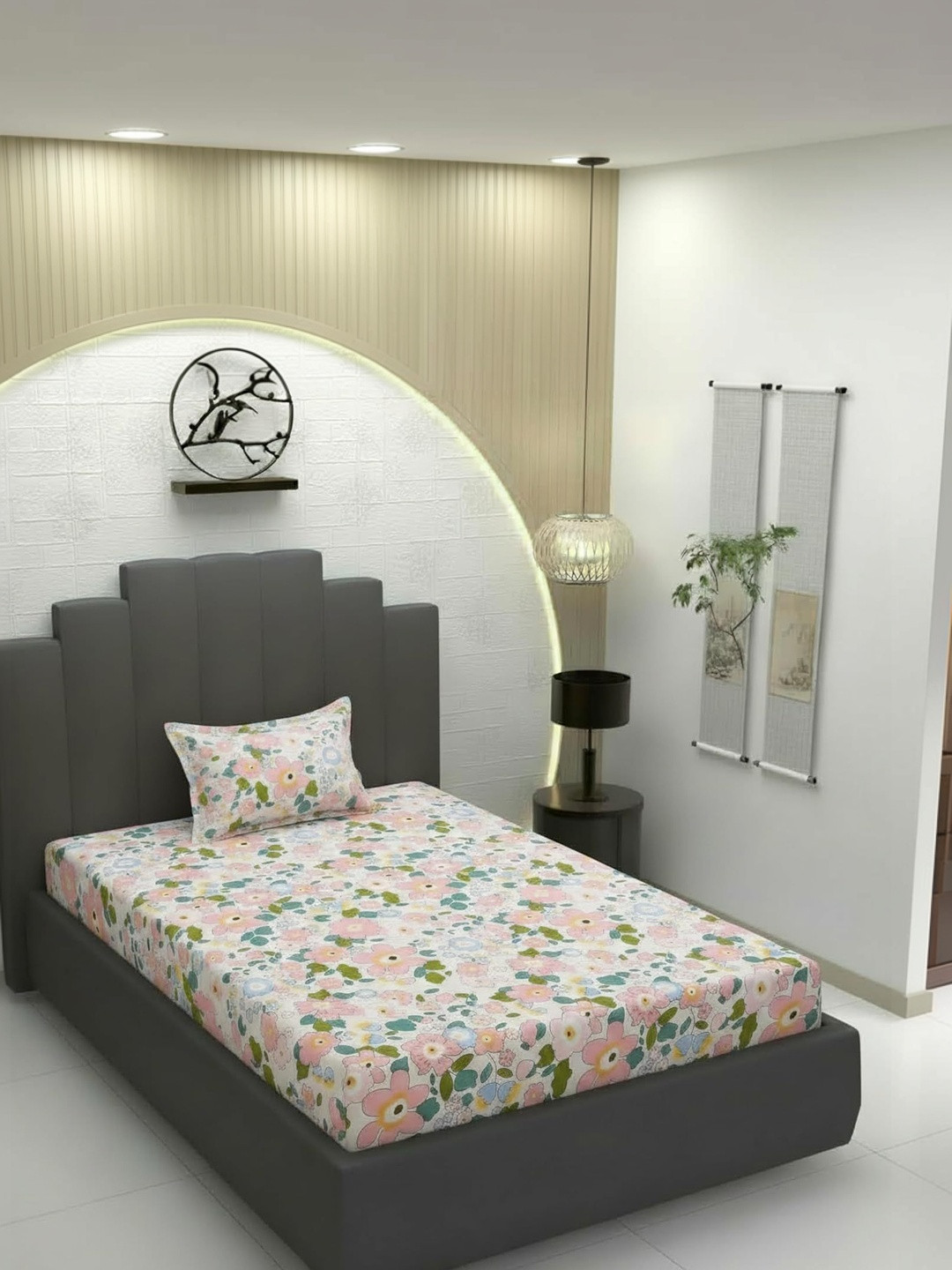 Filymore White Floral Single Bedsheet with 1 Pillow Covers