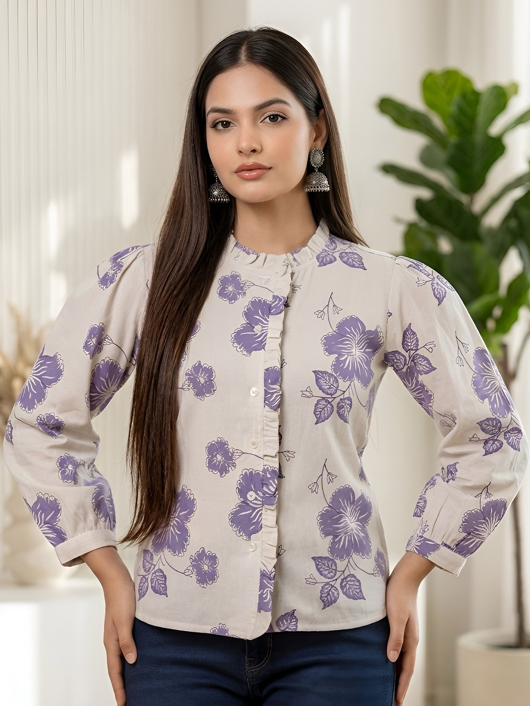 KEIYONA Women Floral Print Cuffed Sleeves Cotton Shirt