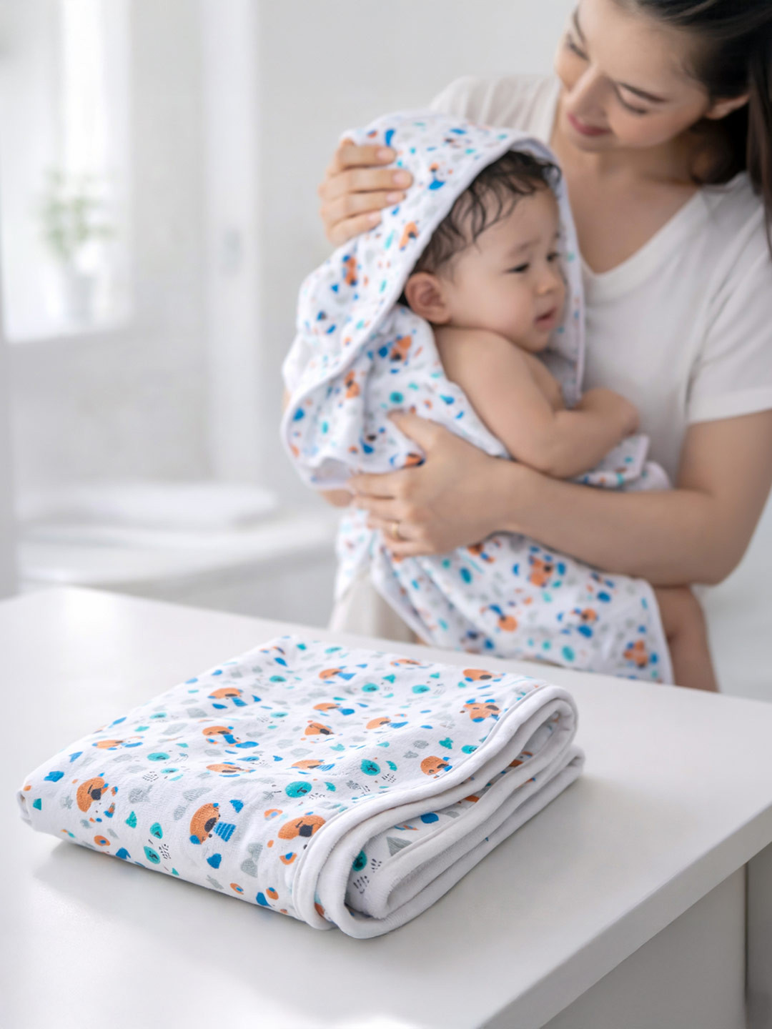 MeeMee Multicoloured & White 1 Printed Cotton 233 GSM Bath Towel