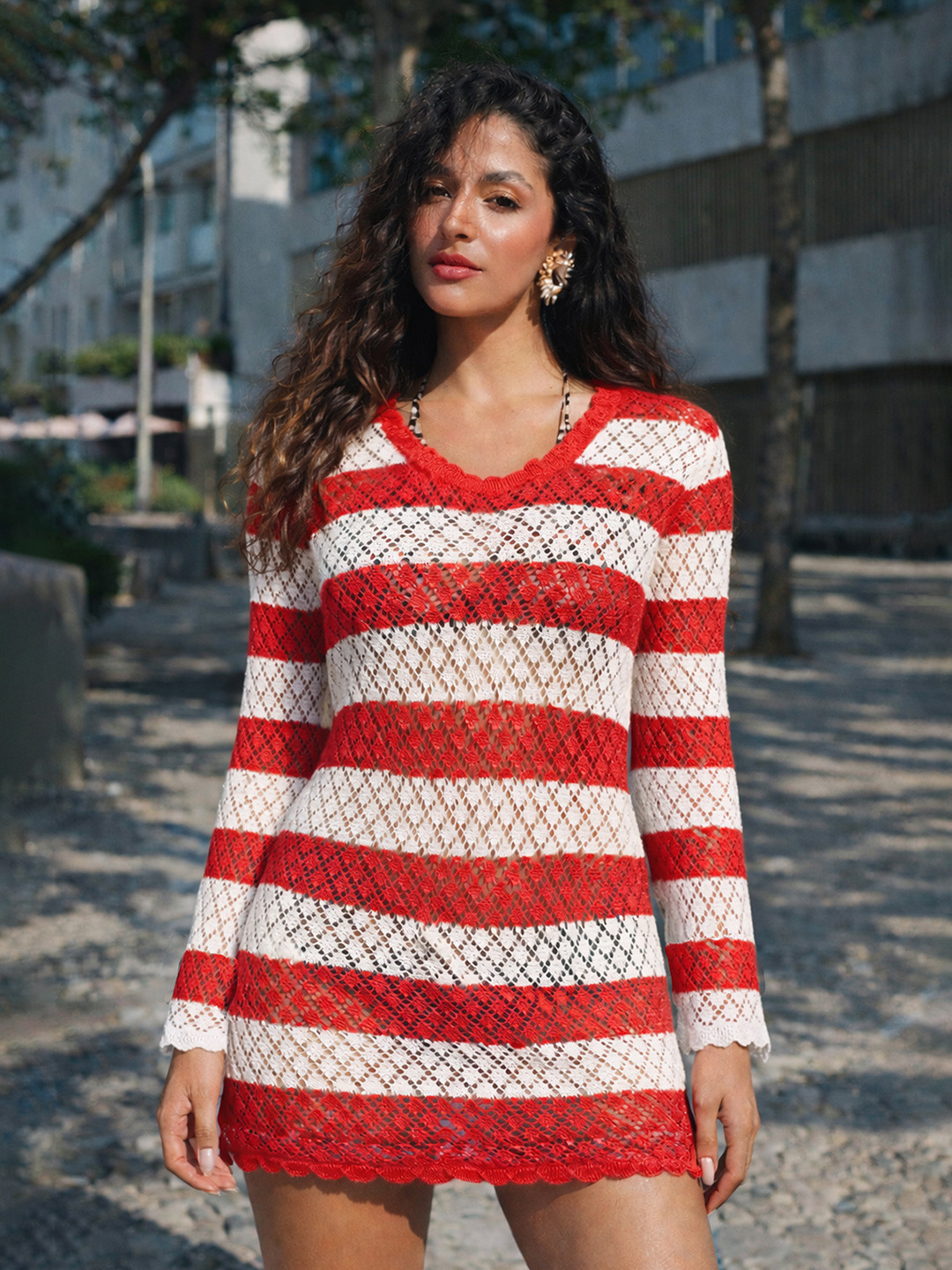 SASSAFRAS Red & White Crochet Full Sleeve Short Beach Dress