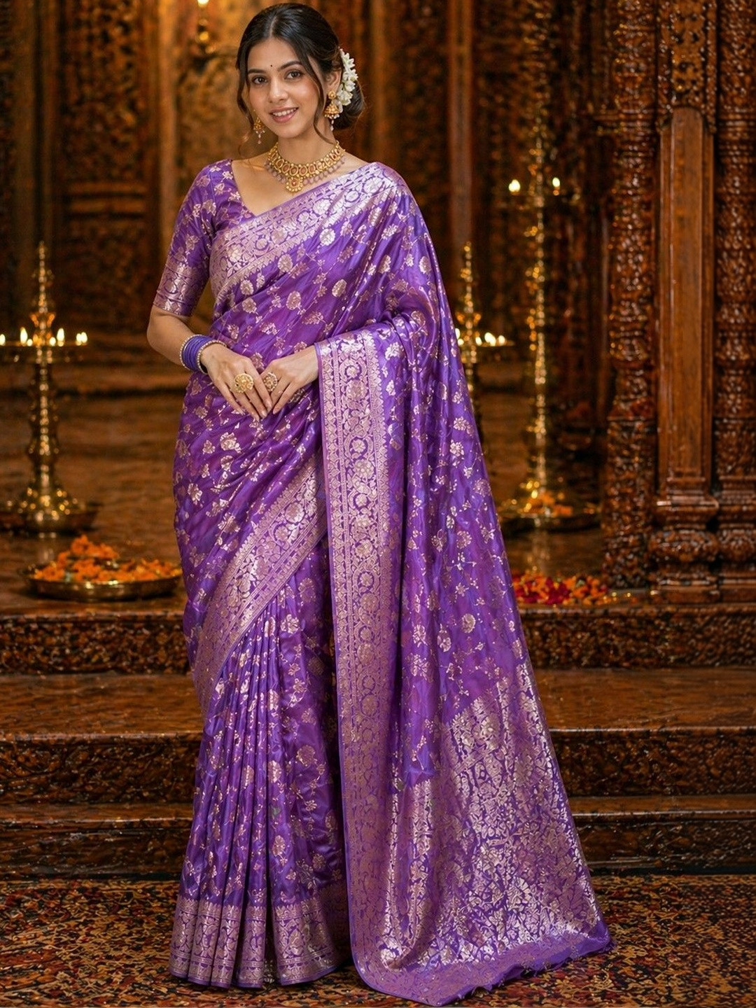 ANIRAV Ethnic Motifs Woven Design Zari Silk Blend Banarasi Saree