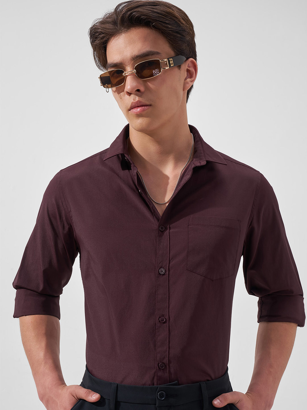 Highlander Men Burgundy Solid Formal Slim Fit shirt