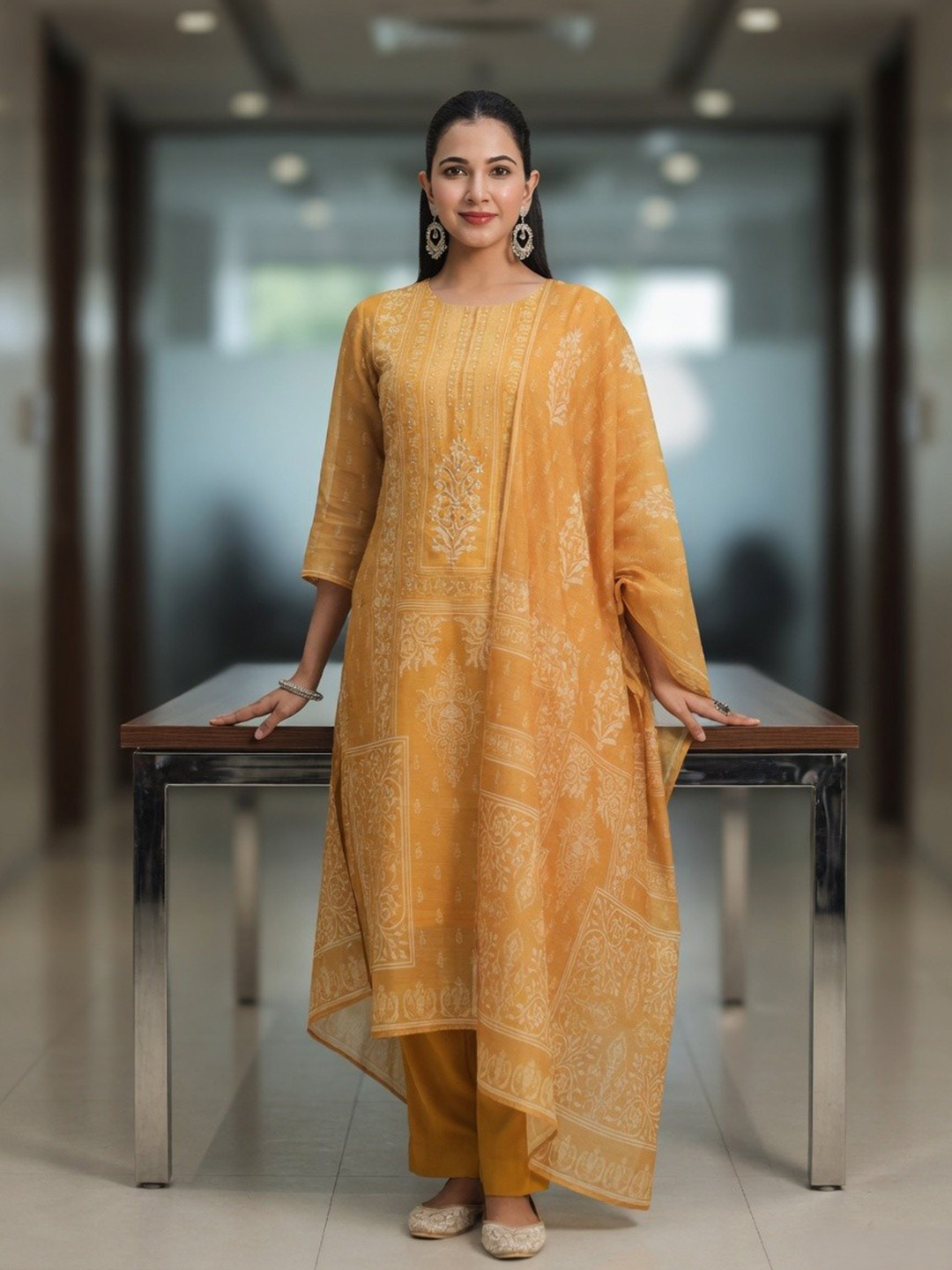 Rain & Rainbow Ethnic Motifs Printed Chanderi Cotton Kurta With Trousers & Dupatta