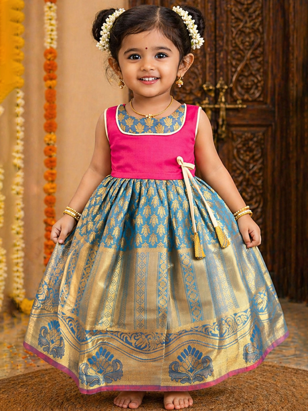 TotzTouch Girls Ethnic Motifs Fit & Flare Pattu Frock