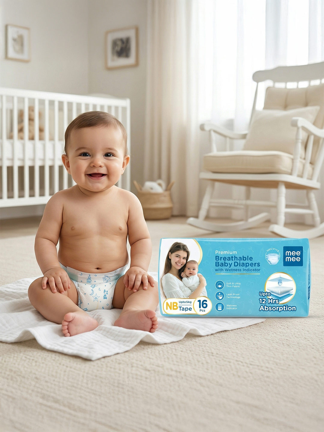 MeeMee Premium Breathable Baby Diapers- NB- 16 Pcs
