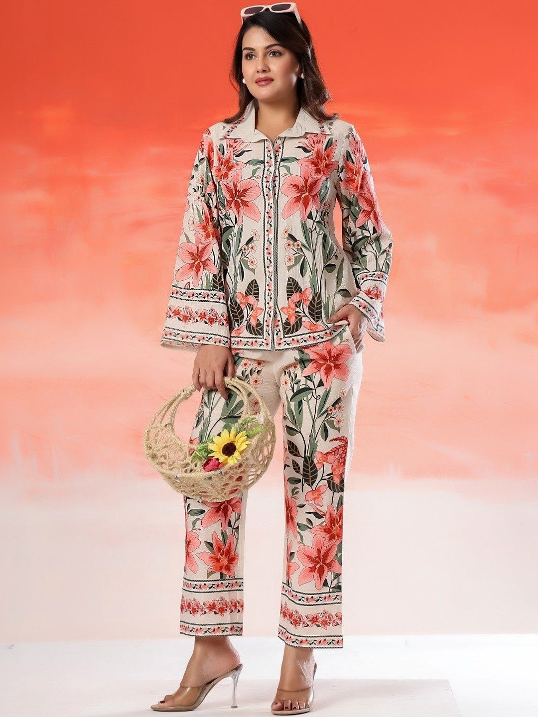 Sangria Floral Cotton Printed Shirt with Trousers