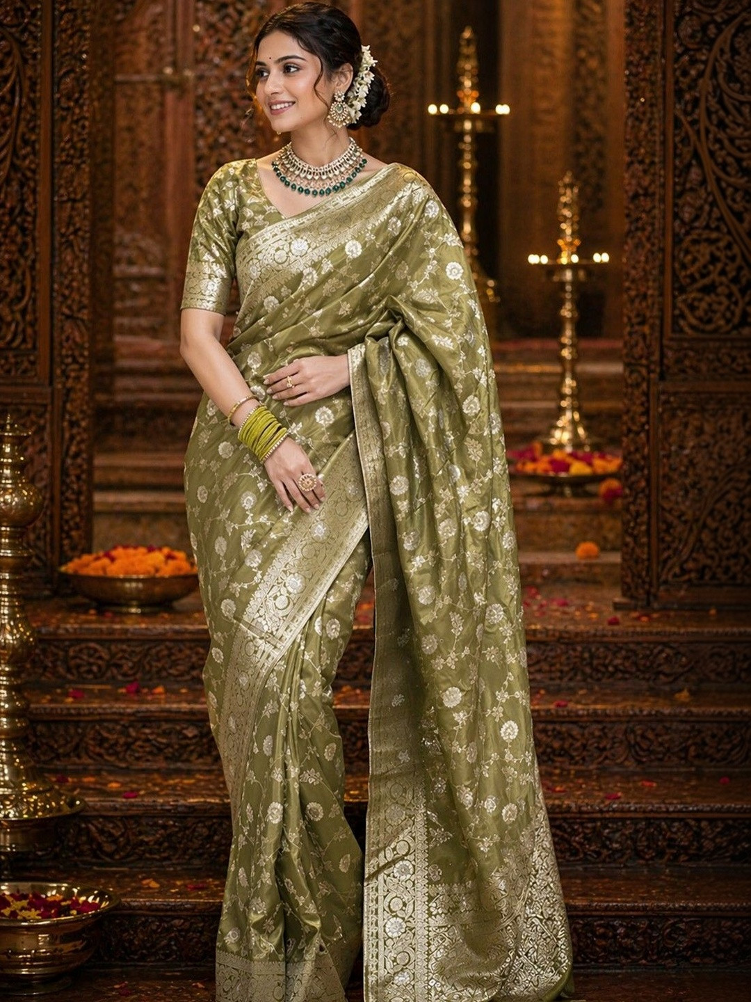 ANIRAV Ethnic Motifs Woven Design Zari Silk Blend Banarasi Saree