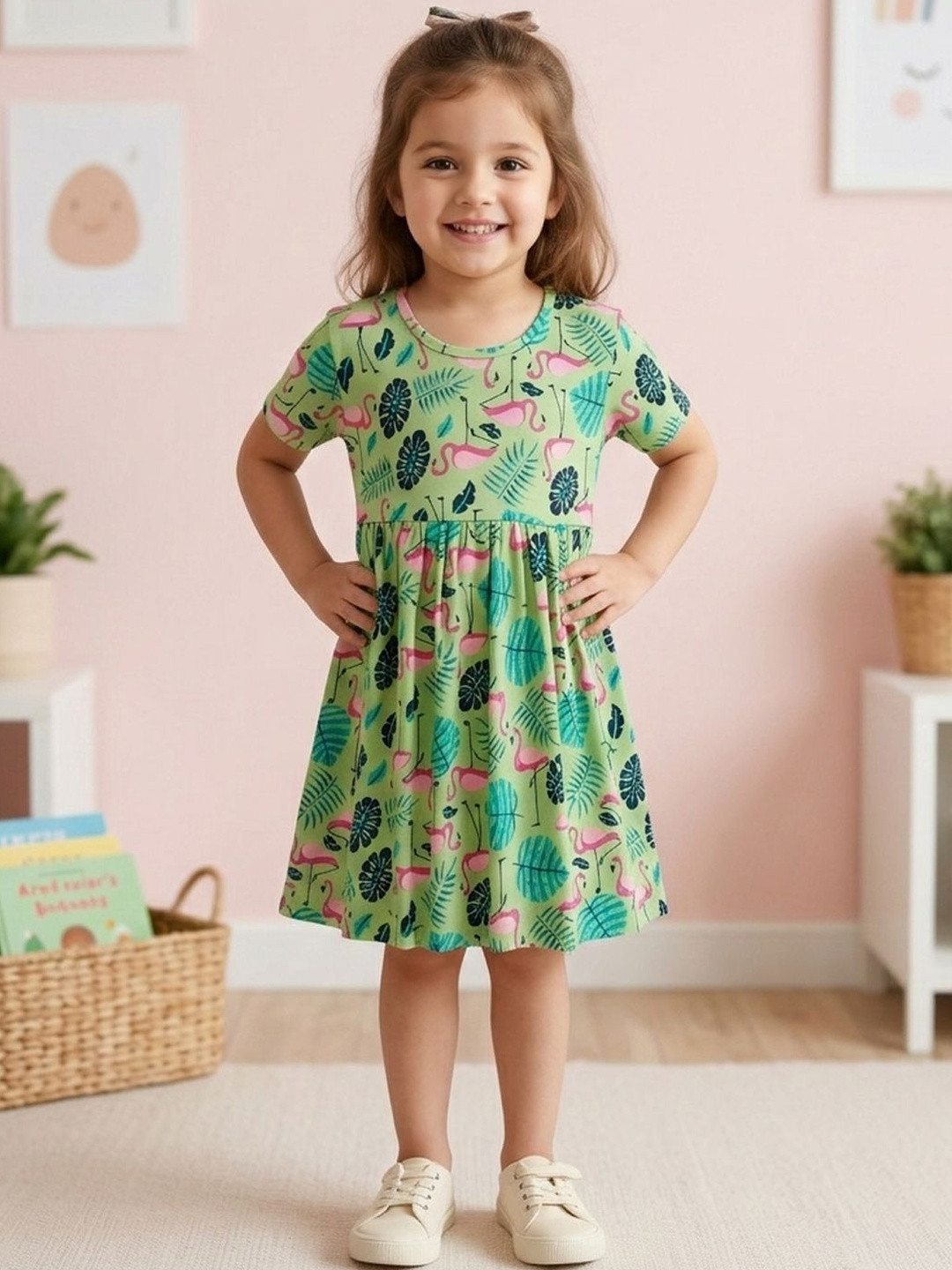MITOS Girls Cotton Graphic Printed Short Sleeve Girls Frock Dress
