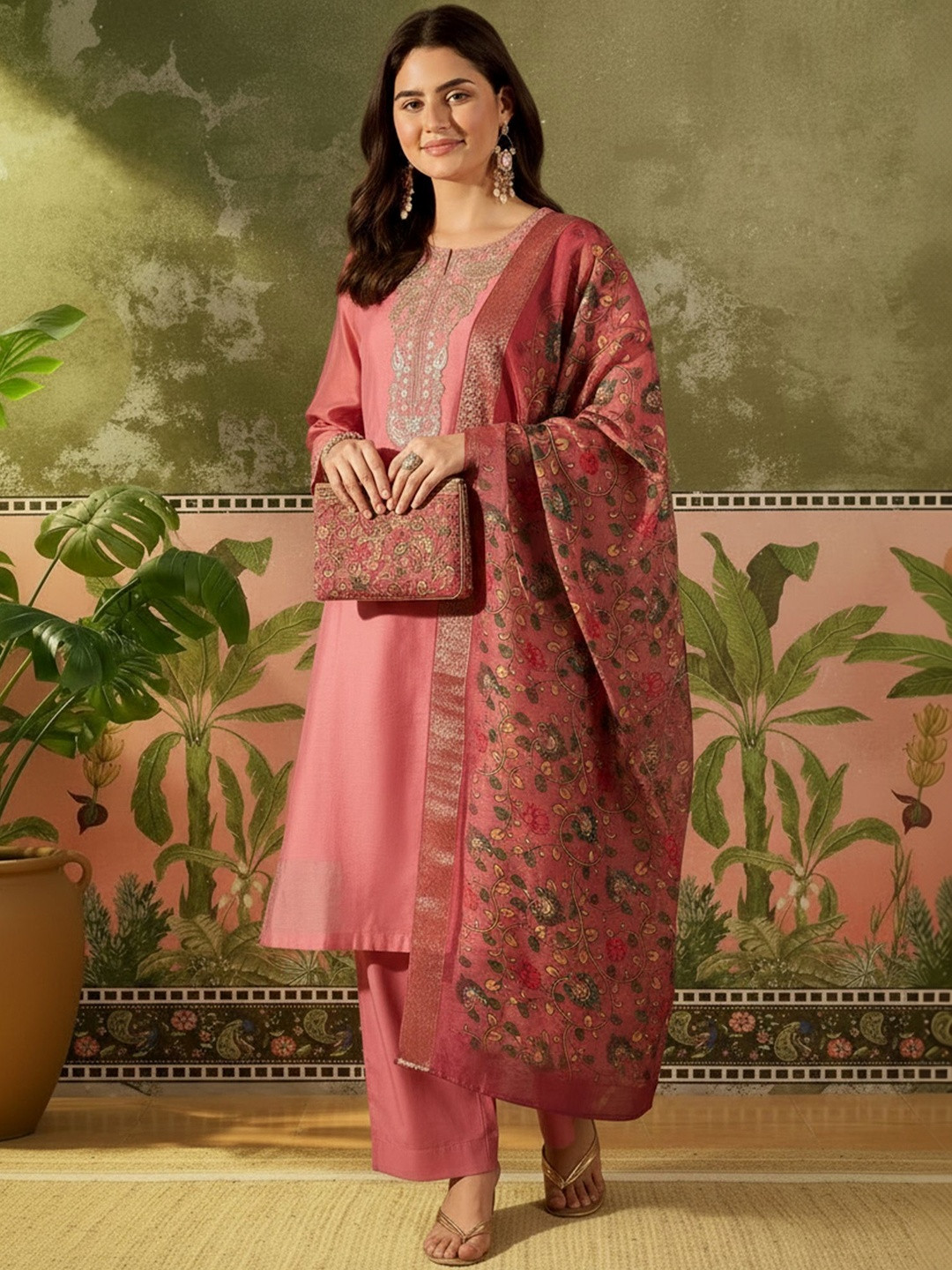 Sangria Yoke Design Round Neck Kurta & Trousers With Dupatta