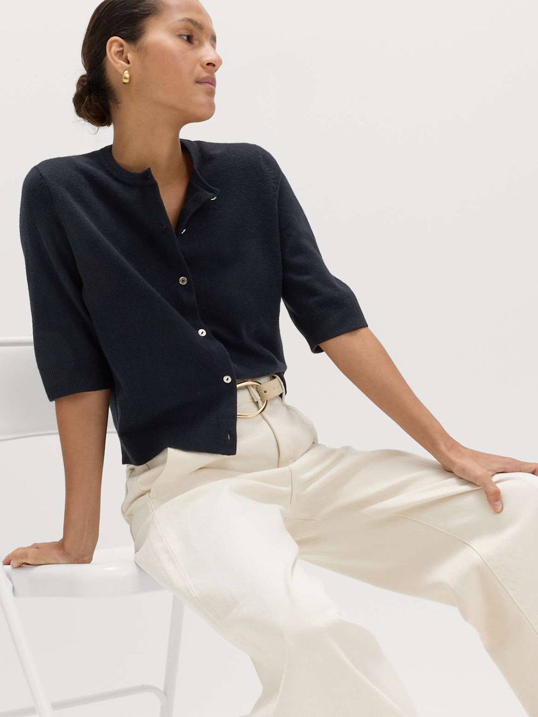 Marks & Spencer Women Air-Yarn Button Front Short Sleeve Cropped Cardigan