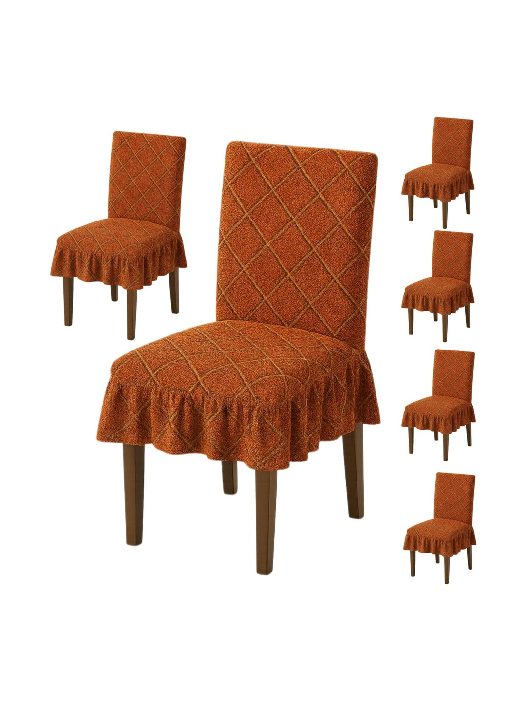 DFH 6 Pieces Brown & Orange-Coloured Printed Chair Covers