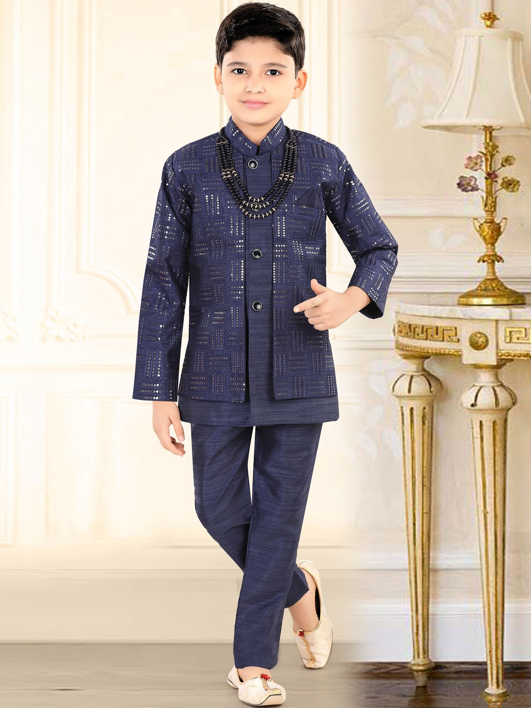 joley poley Boys Sequin Embellished Mandarin Collar Sherwani