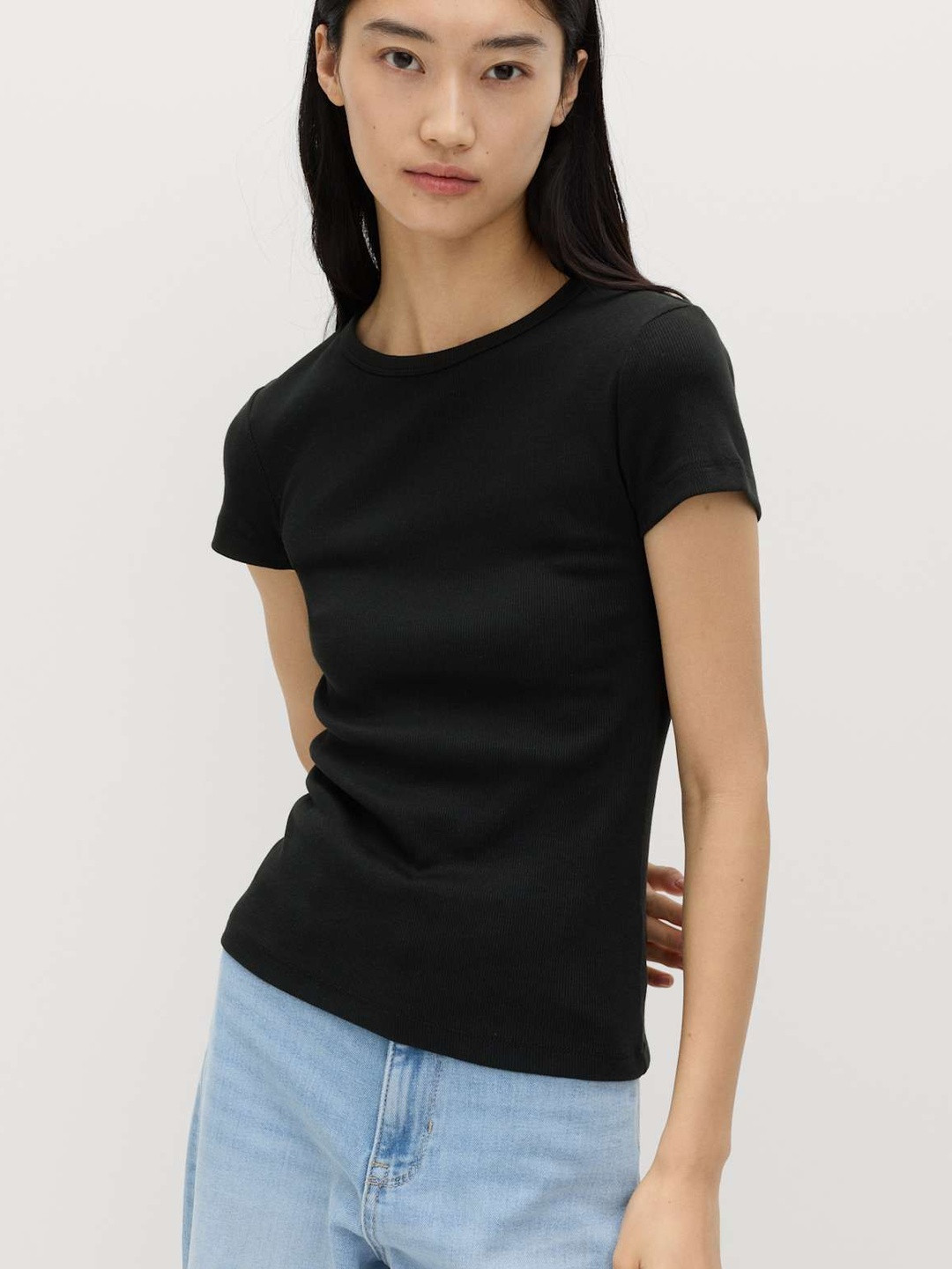 Marks & Spencer Ribbed Black Cotton Women Slim Fit T-Shirt