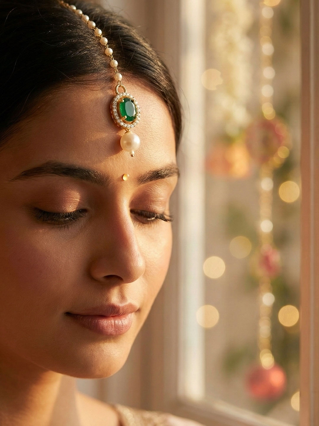 KYOOT JEWELS Gold-Plated American Diamond Studded & Beaded Maang Tikka Head Jewellery