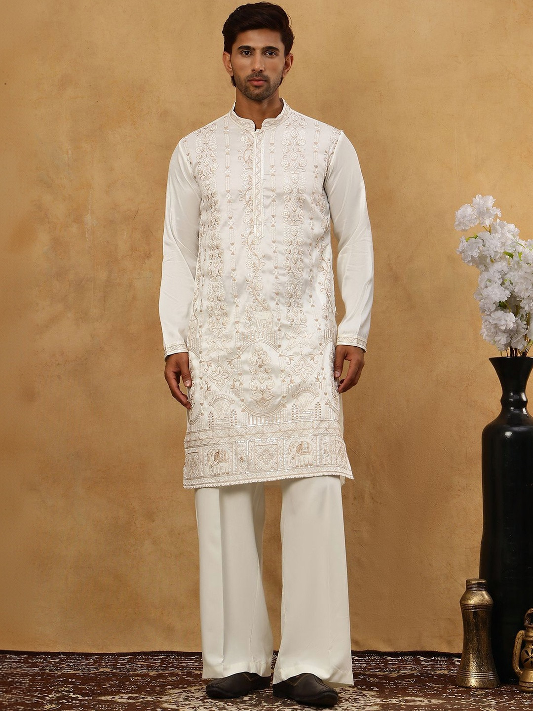 Jompers Floral Embroidered Chikankari Kurta With Korean Pants