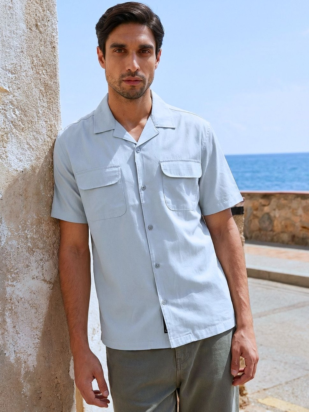 Dennis Lingo Relax Fit Half Sleeve Camp Collar Cotton Blend Shirt With Patch Pockets