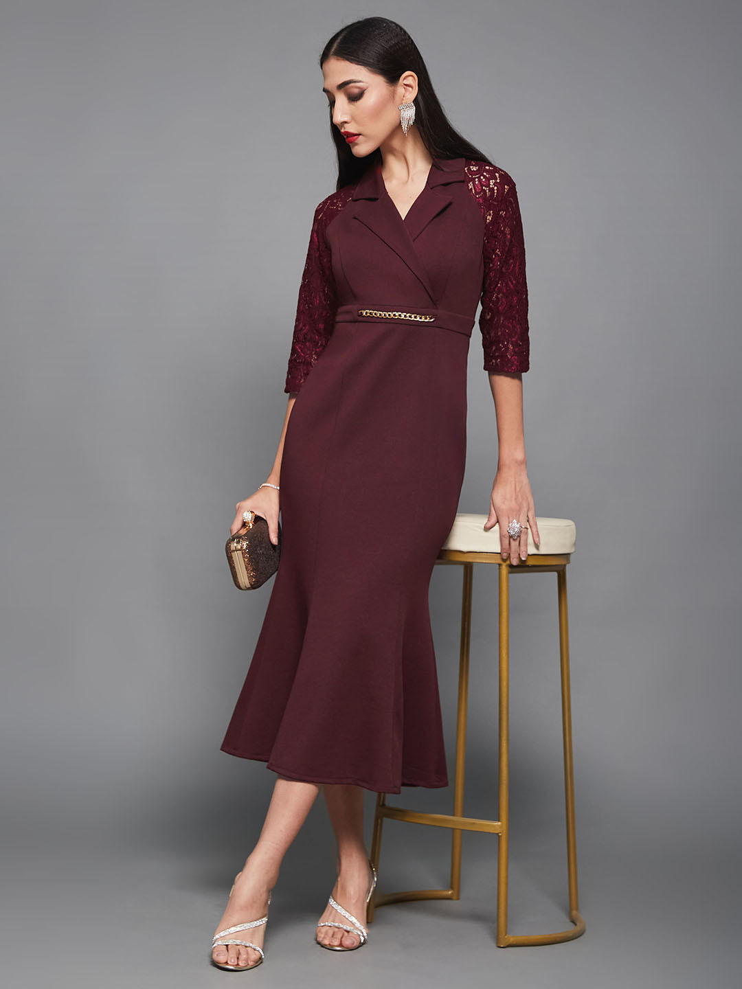 Miss Chase Women Notched Collar Three-Quarter Sleeve Self-Designed Bodycon Midi Dress
