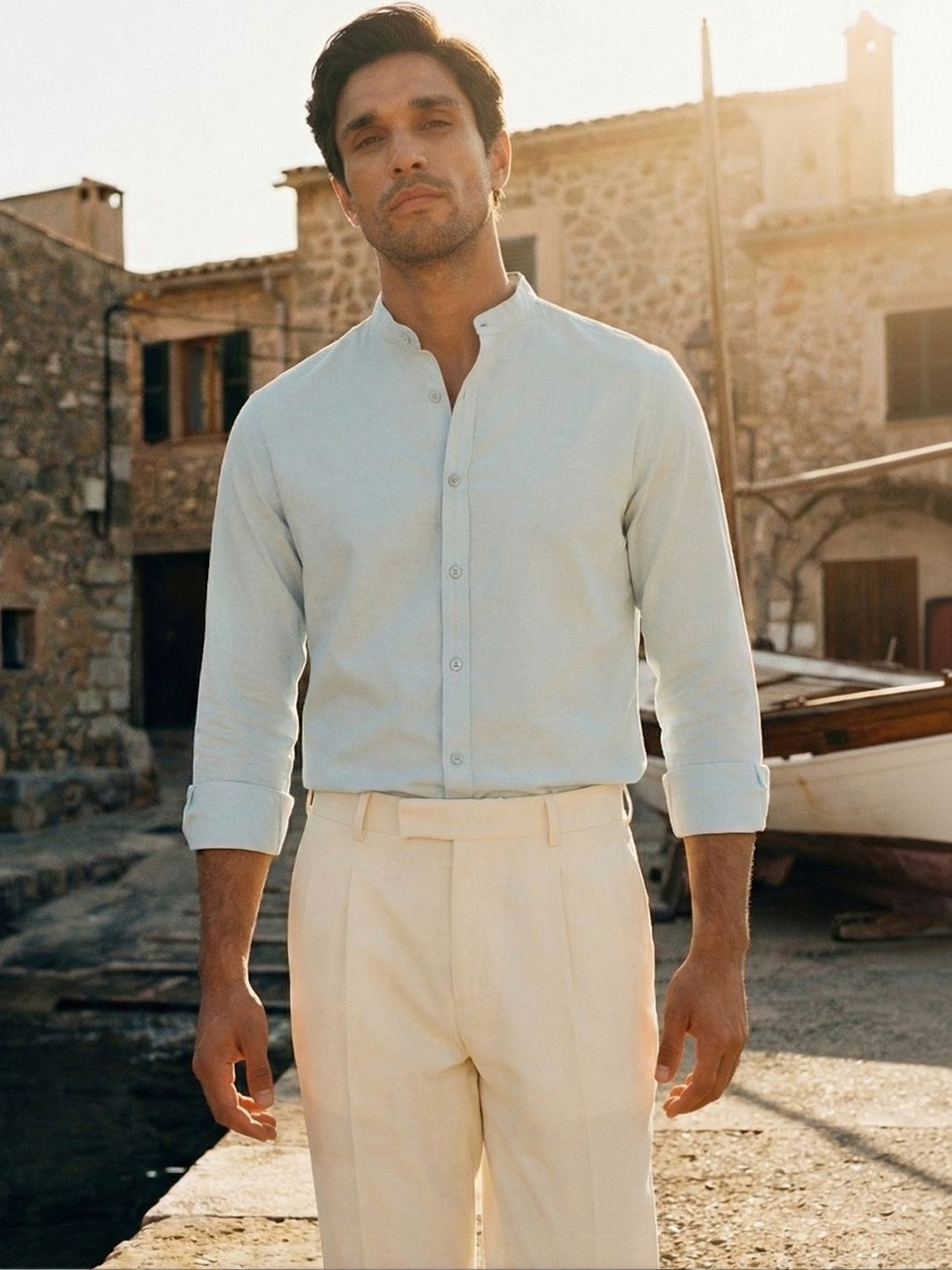 Dennis Lingo Regular Fit Mandarin Collar Cotton Blend Shirt