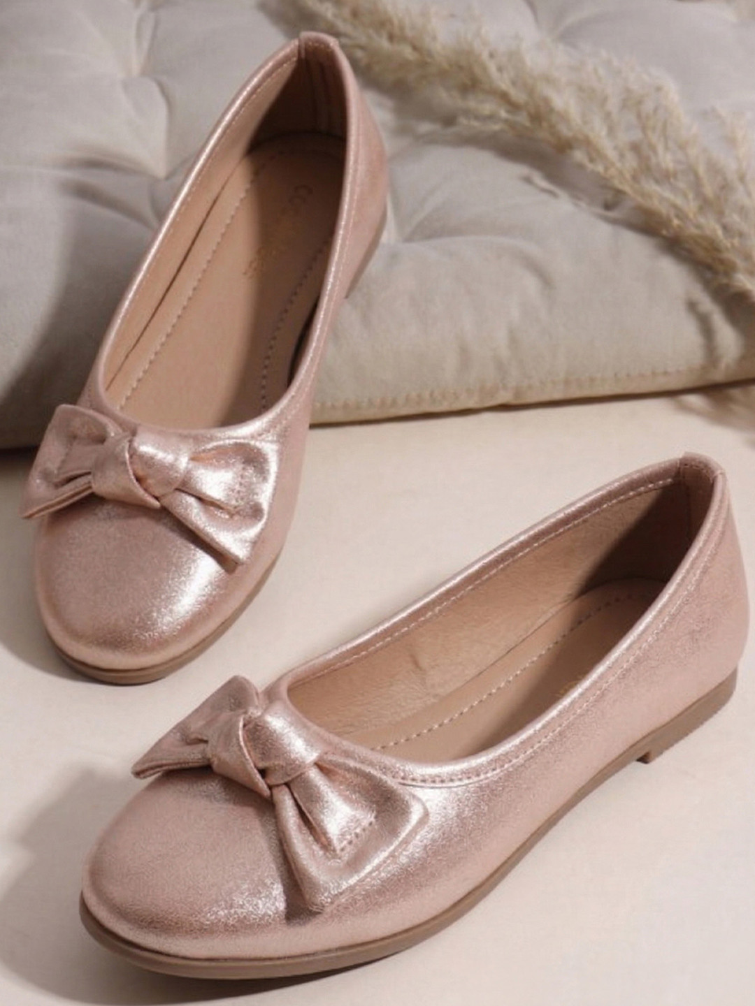 toothless Girls Rose Gold Embellished Bow Detail Cushioned Comfort Lightweight Ballerinas