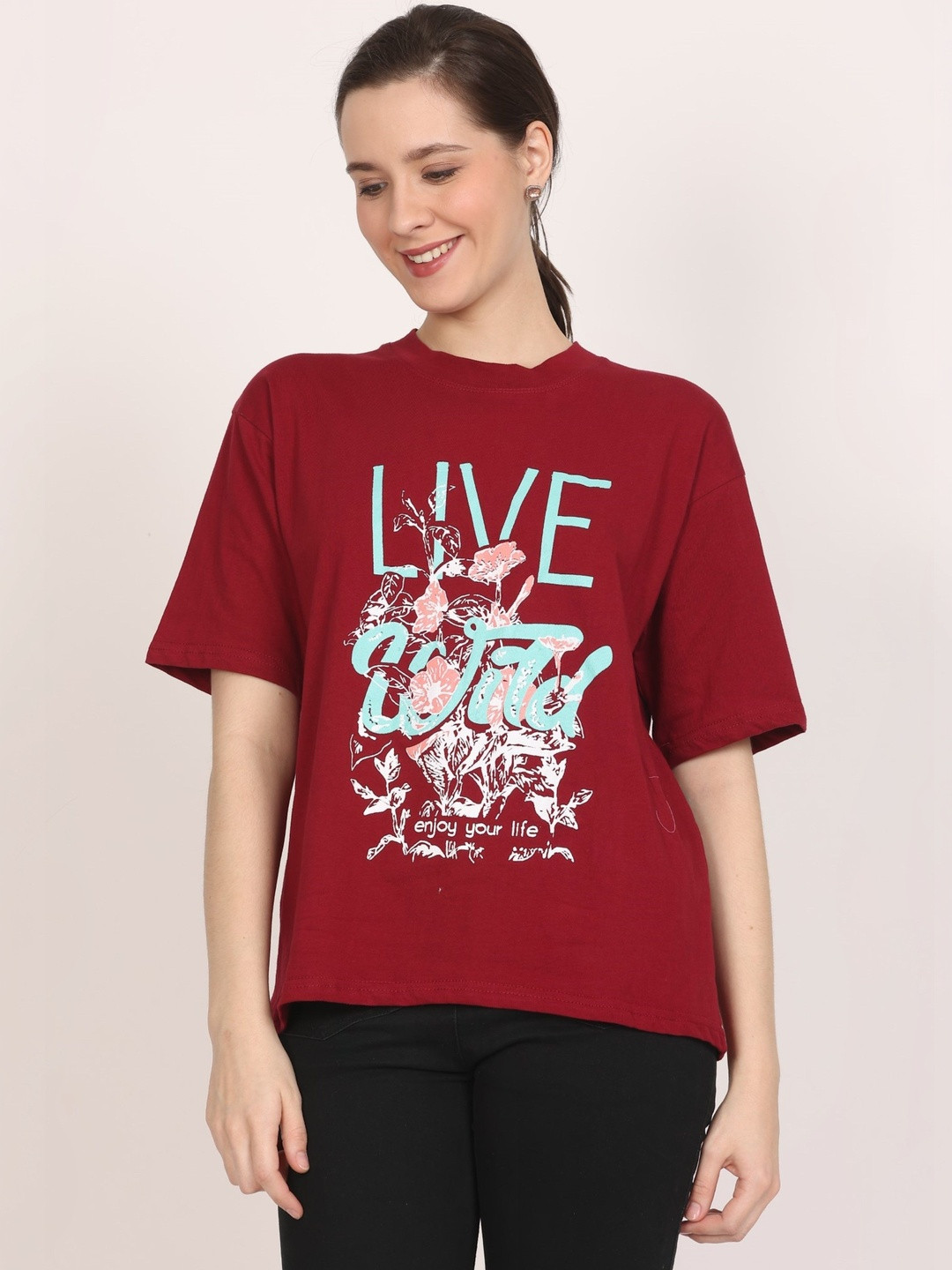 DDASPRATION Women Typography Drop-Shoulder Sleeves T-shirt
