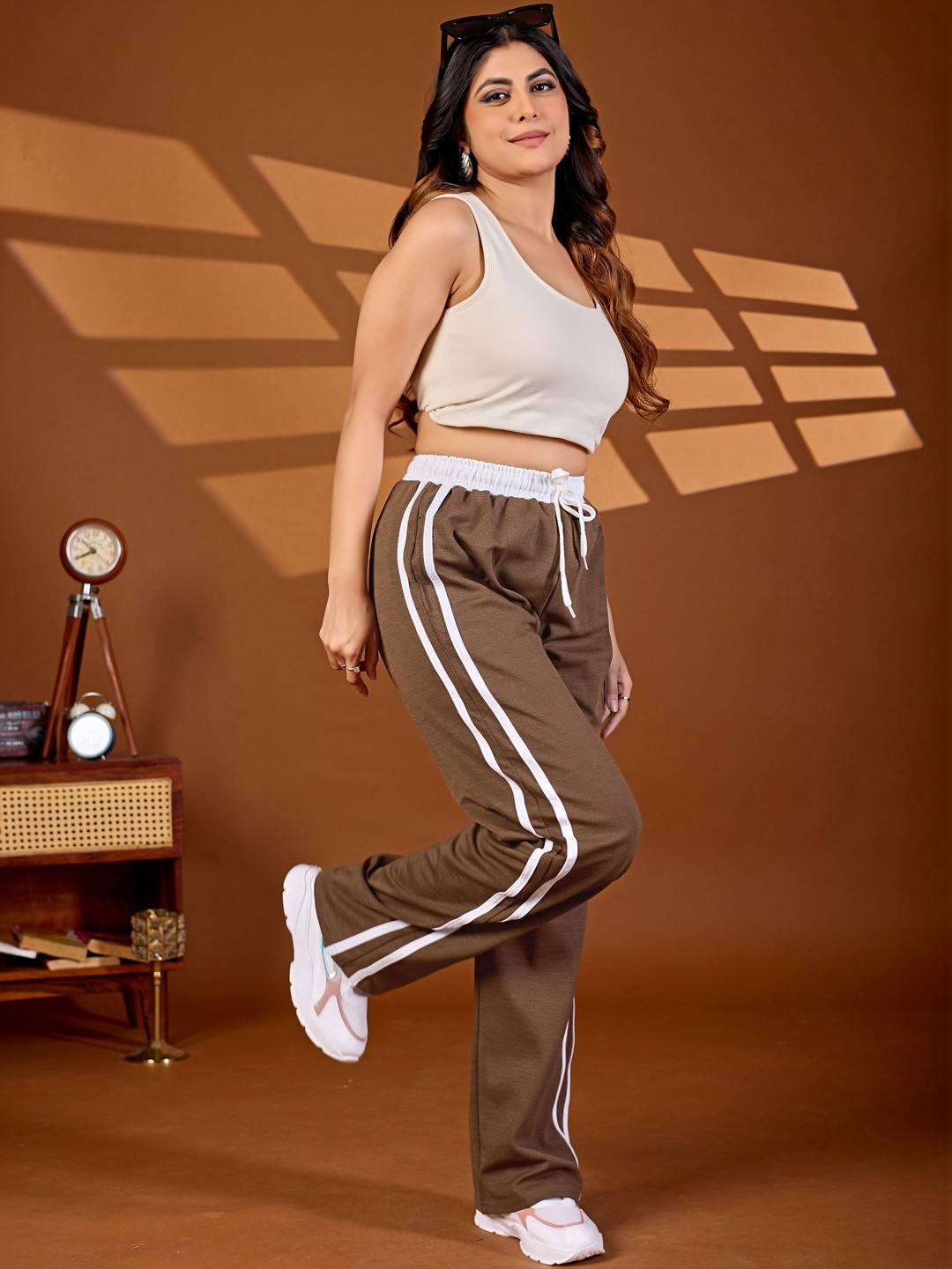 Coffee Brown Striped Joggers with Drawstring