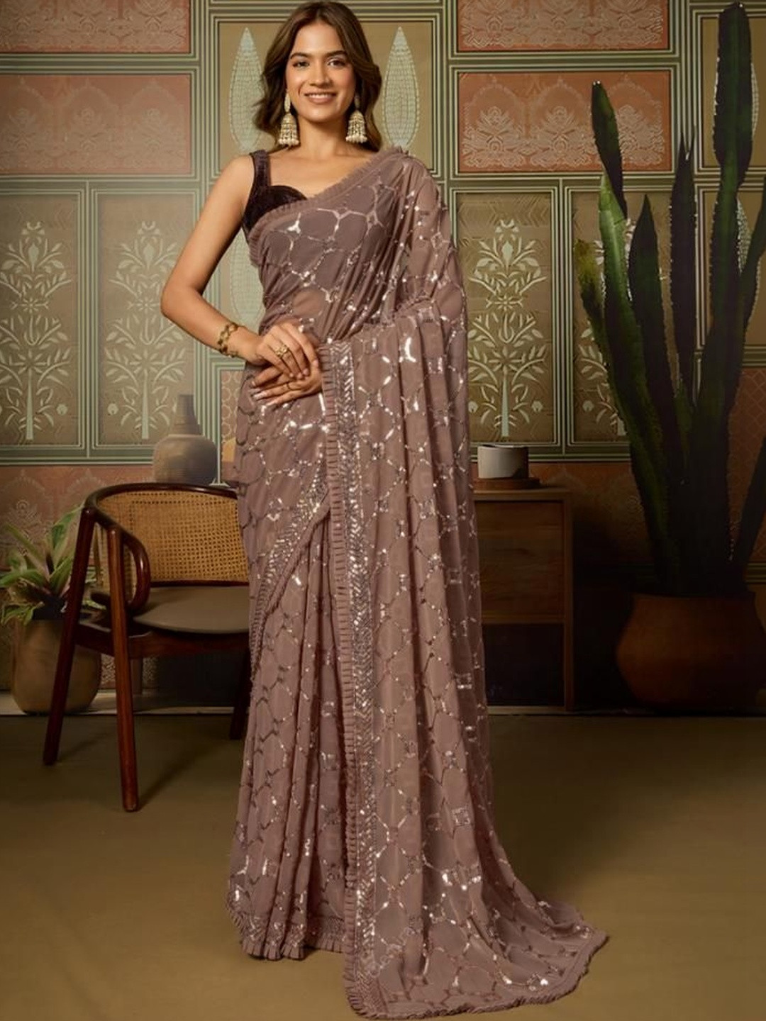 FashionsEye Ethnic Motifs Sequinned Pure Georgette Designer Saree