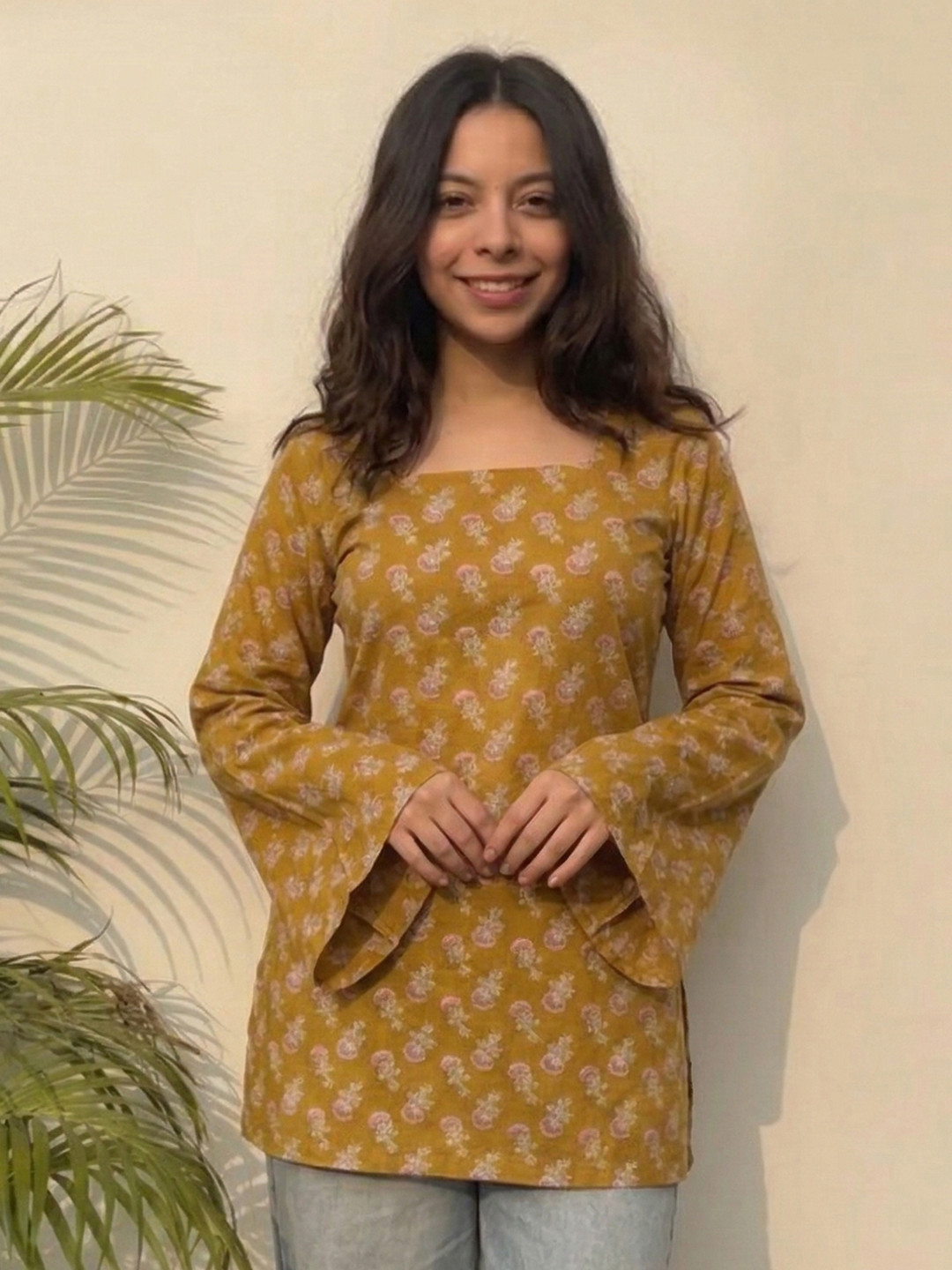 Aaghnya Floral Printed Square Neck Flared Sleeves Kurti