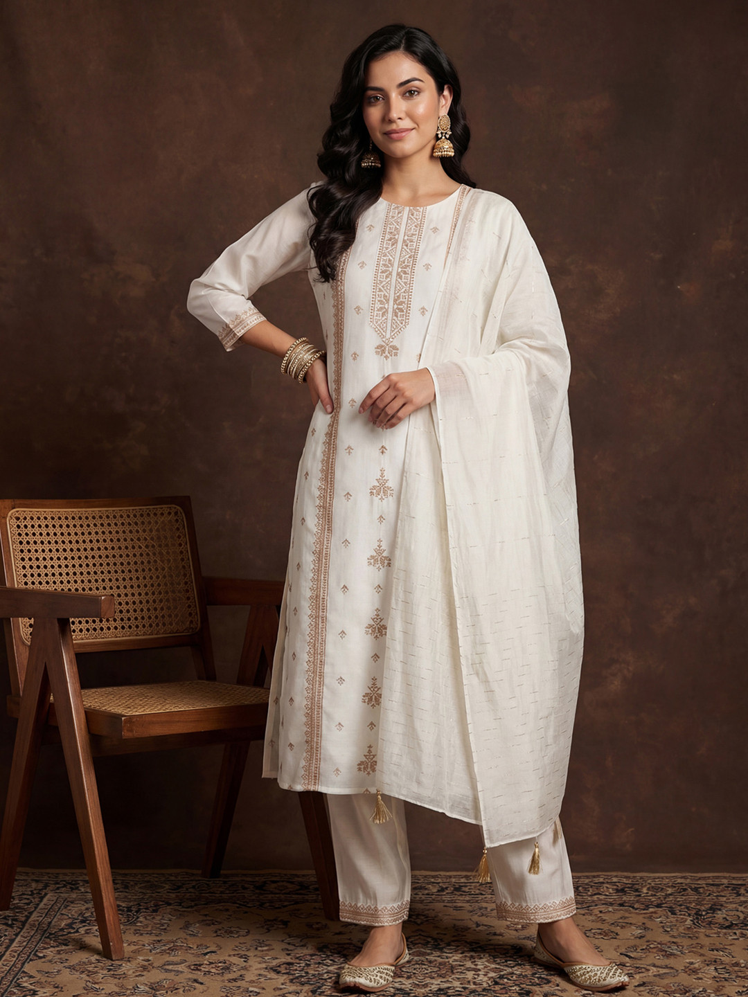 Indo Era Women Ethnic Motifs Embroidered Regular Thread Work Kurta with Trousers & With Dupatta