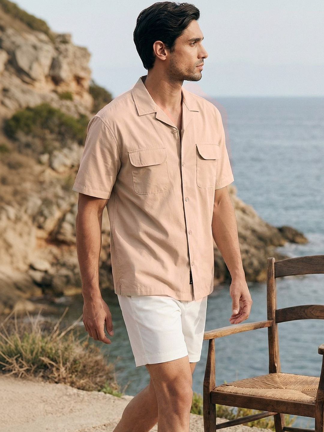 Dennis Lingo Relax Fit Half Sleeve Camp Collar Cotton Blend Shirt With Patch Pockets