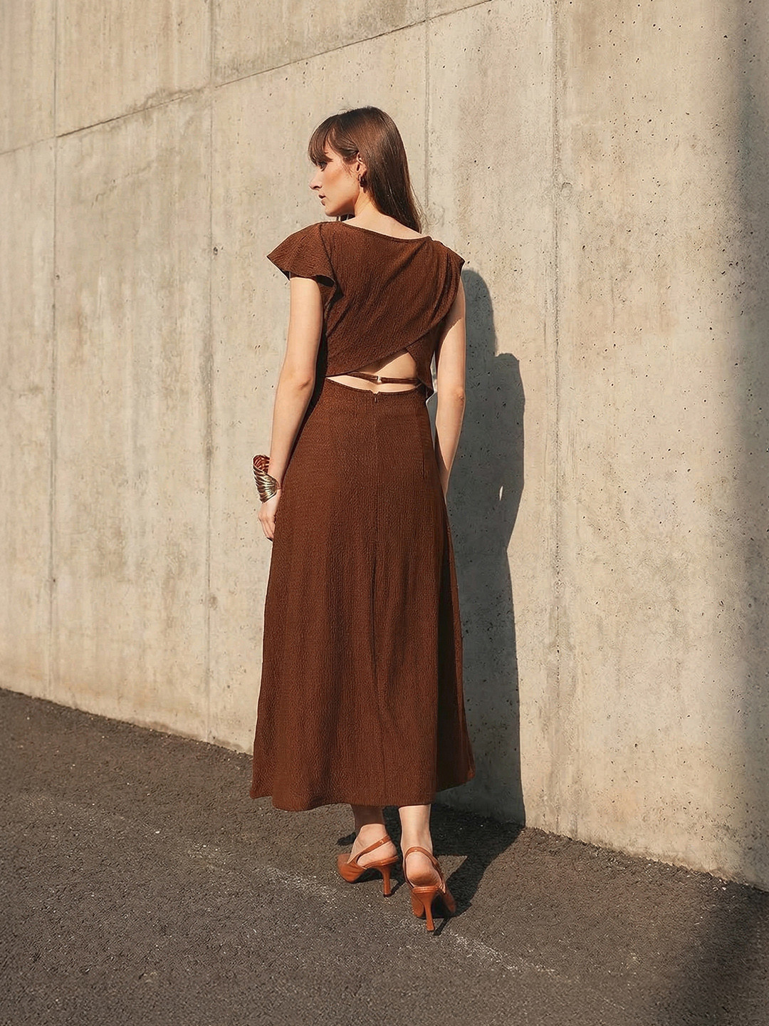 Assymetric A-Line Midi Dress With Back Cut-Out And Front Slit