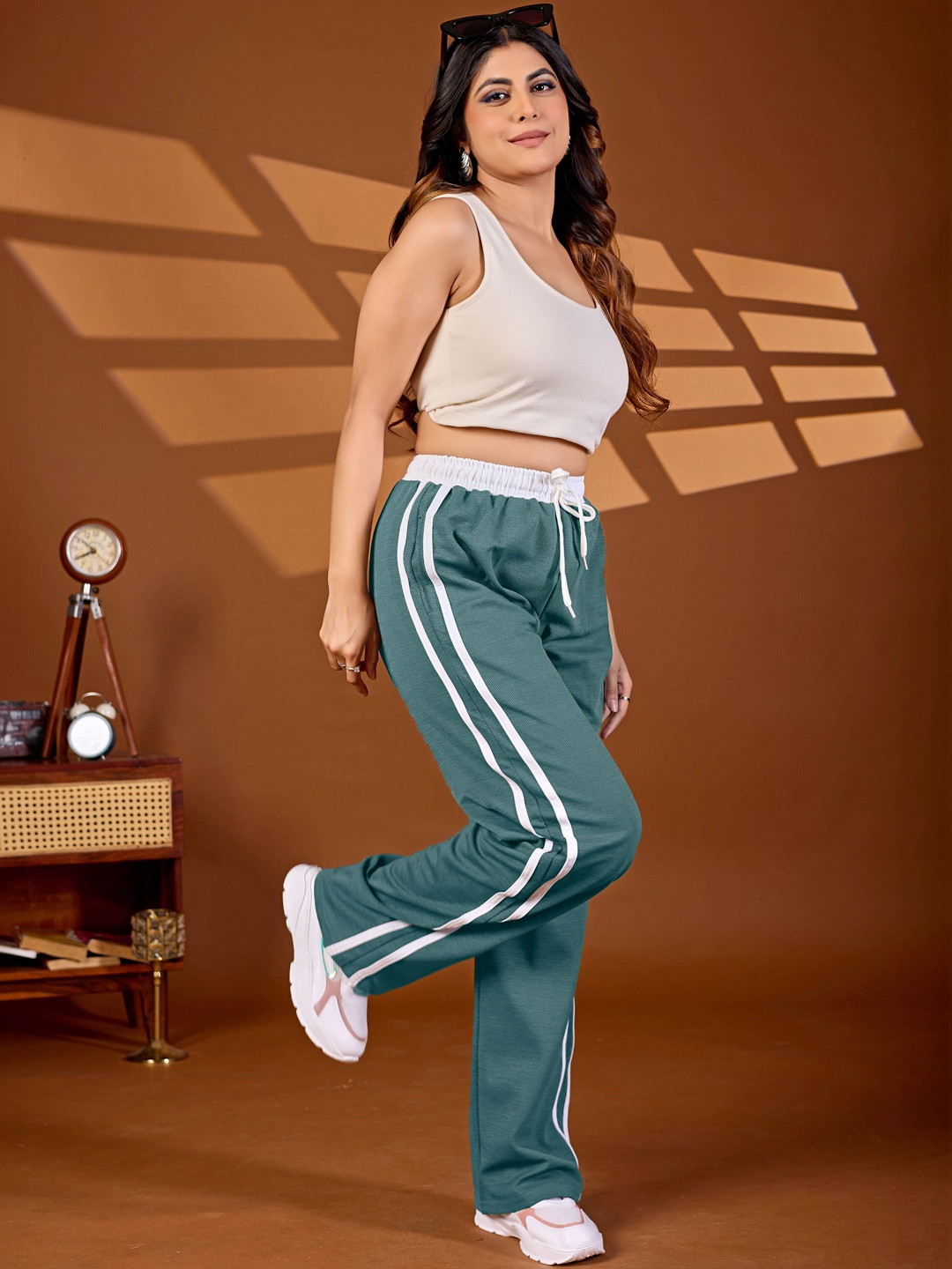 Teal Striped Regular Fit Joggers with Drawstring