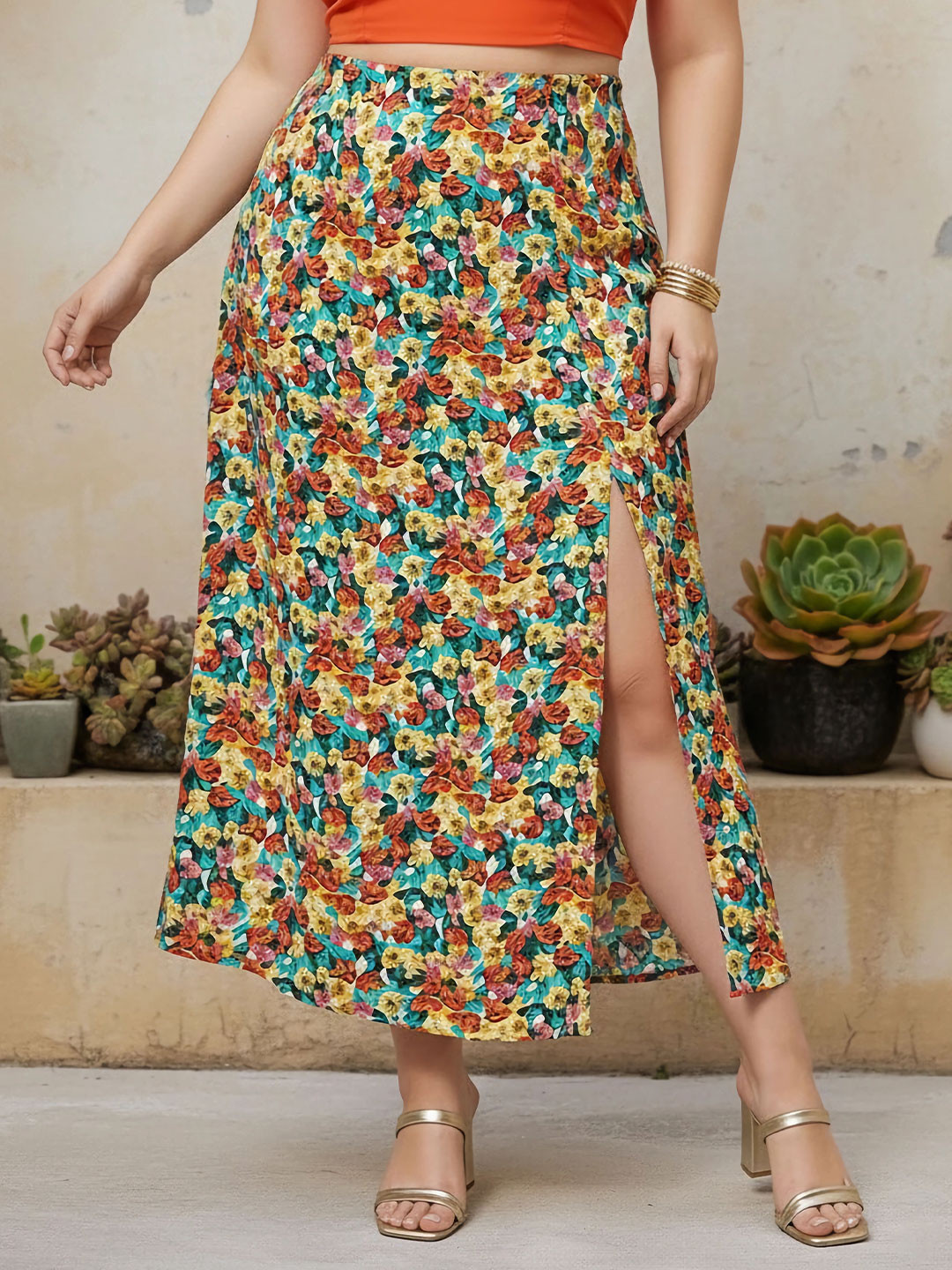 Berrylush Curve Plus Size Red Floral Printed High-Rise A-Line Maxi Skirt